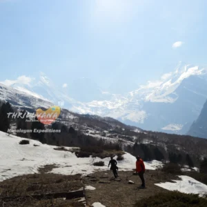 Wide view of trekkers exploring the massive, snow-covered mountain peaks of the Darma Valley with Thrillvana.