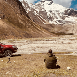 Travelers driving their own SUV during the Adi Kailash Self-Drive Expedition through the Himalayan roads near Gunji and Om Parvat in Uttarakhand.